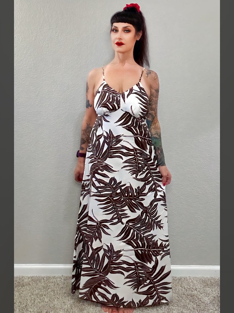 70s Brown & White Floral Monstera Leaves Dress Mod Mcm Sun Halter Maxi Tiki M